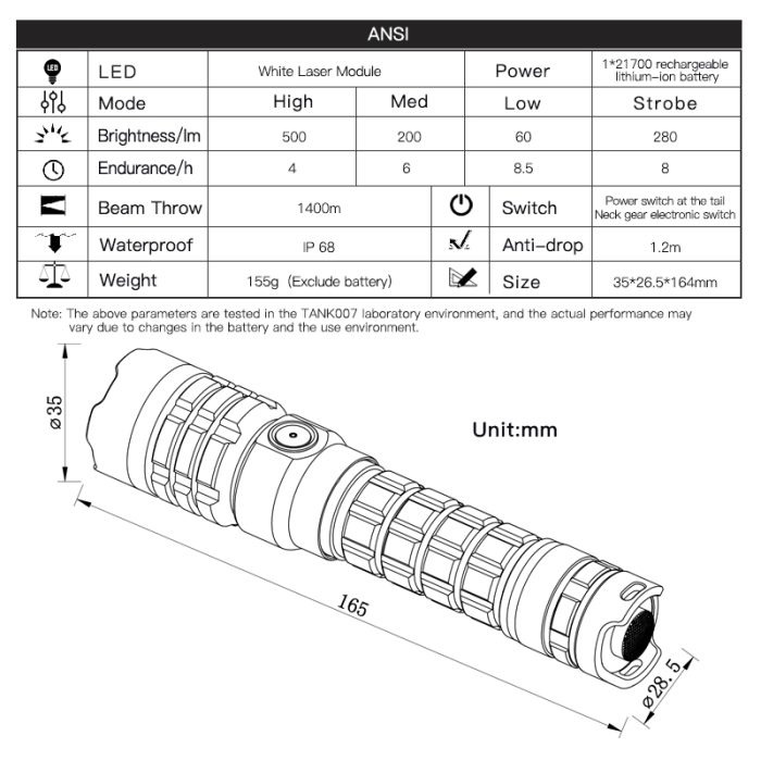 Tank007 PTL01 Rechargeable Laser Flashlight LED Torch White Laser Flashlight - Image 4